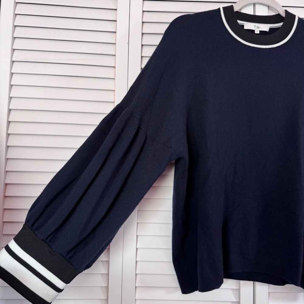 Tibi Merino Wool Puff Sleeve Pullover Sweater Navy Preppy Size Large - Picture 3 of 8